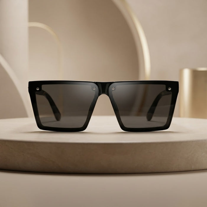 The Ultimate Statement: Modern Riveted Over sized Square Sunglasses (Black Frame with Dark Lenses) - Trendy & Bold